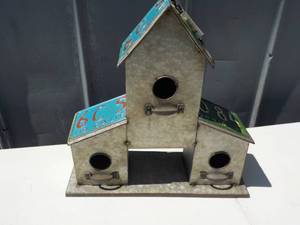 lot 42 image: 3 House Metal Bird House 16 wide x...