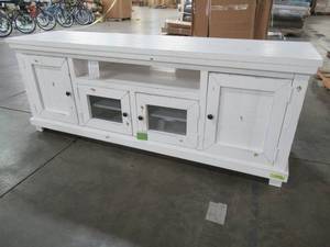 lot 109 image: Progressive Industries Hand Selected Salvaged Pine Entertainment Console In White - Some CracksChips.