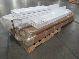 lot 110 image: WHOLESALE MIXED PALLET OF MISCELLANEOUS WHITE VINYL FENCING, INTERIOR SHUTTERS AND MORE