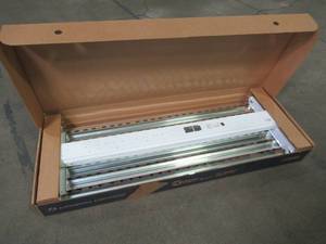 lot 232 image: Lithonia Lighting High Bay Industrial 6-Light Grey Hanging Fluorescent Fixture, IB 632 MVH - May have slight dingsbend corners.