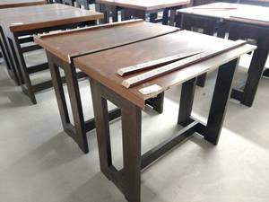 lot 32 image: (2) Red Oak Pub Tables, 50 x 30 x...