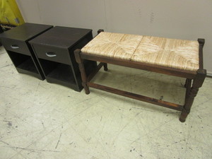 lot 526 image: RATTAN BENCH WITH SOLID WOOD BASE, SIDE TABLES WITH DRAWERS
