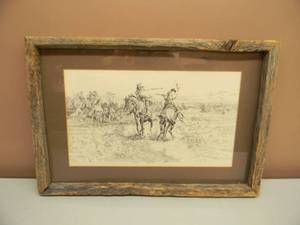 lot 36 image: VINTAGE 1922 CHARLES RUSSELL ART ON CANVAS - Kit Carson Horseback Duel - PROFESSIONALLY FRAMED WITH ANTIQUE BARN WOOD - APPROX 21 BY 15 - GREAT PIECE - SEE PICTURES