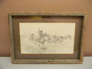 lot 37 image: VINTAGE 1922 CHARLES RUSSELL ART ON CANVAS - PROFESSIONALLY FRAMED WITH ANTIQUE BARN WOOD - APPROX 21 BY 15 - GREAT PIECE - SEE PICTURES
