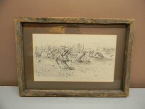 lot 38 image: VINTAGE 1922 CHARLES RUSSELL ART ON CANVAS - PROFESSIONALLY FRAMED WITH ANTIQUE BARN WOOD - APPROX 21 BY 15 - GREAT PIECE - SEE PICTURES