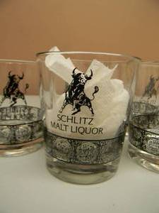 Vintage Schlitz Malt Liquor Bull Black Glass Tumbler - 12 oz Approx 4 Tall - SET OF 6 - NICE - GREAT FOR THE BAR OR DISPLAY - SEE PICTURES