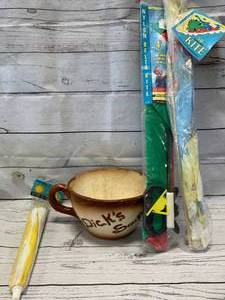 lot 70 image: Dicks Giant Soup Bowl, 2 Large Kites, Parasol Hat