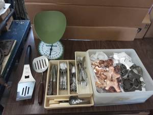 lot 33 image: Vintage Scale, Flatware, Cookie Cutters, More