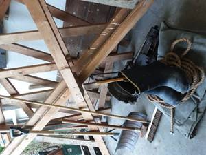 lot 189 image: Tarp, Rope, Shovel, Broom, Size 14 Boots