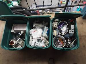 lot 198 image: 3-Totes With Lids With Automotive Painting Supplies. Includes Sprayer & Respirator  Removal From Upper Loft