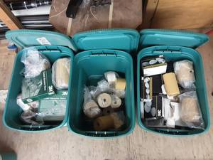 lot 207 image: 3-Totes With Lids With Adhesive, Sand Paper & Discs.  Removal From Upper Loft.