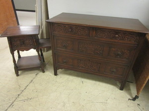 lot 831 image: VINTAGE, ORNATE, SOLID OAK DRESSER AND SIDE TABLE