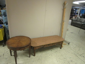 lot 835 image: BAKER FURNITURE END TABLE. MERSMAN COFFEE TABLE, COAT RACK