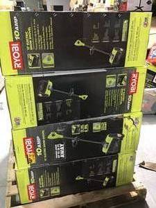 lot 55 image: PALLET OF ASSORTED RYOBI 12 in. 10 Amp Corded Electric Snow Blower Shovels ( all customer returns ) mostly are new