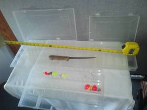 lot 93 image: 3 tackle boxes, filet Knife & more.