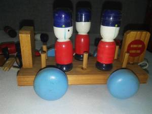 lot 120 image: Wooden train with toy soldiers, very well made.