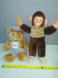 lot 135 image: RARE 2 stuffed animals - Canadian National Railroad Engineer Bear ,  Monkee  - both nice.