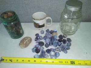 lot 189 image: 2 Jars of polished rocks Ball Jar, train mug.