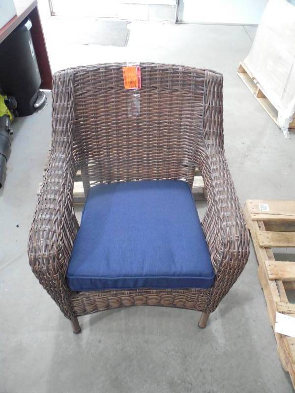 Cambridge Brown Wicker Outdoor Patio Chair With Standard Midnight Navy Blue Cushions Flooring Lots Outdoor Patio Tools Home Goods Improvements More Auction 300 K Bid