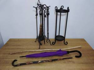 Wrought Iron Umbrella Stand & Fireplace Tool Set