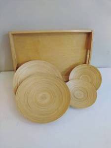 Wooden Tray with 4 Decorative Bamboo Plates