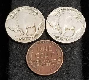 3 US COINS 1920 1924 BUFFALO NICKELS 1920-D WHEAT CENT