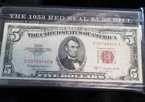 2 US $5 FEDERAL RESERVE NOTES 1953-C RED & 1953-A BLUE SEAL