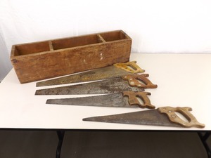 lot 33 image: Vintage Wood Handled Saws in Custom Wood Box