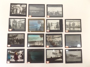lot 36 image: 15 Antique 3x 4 Magic Lantern Slides of Immigrants on a Boat to America