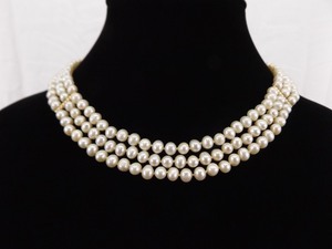 lot 52 image: 14k Yellow Gold Clasp and Accents 3 Strand Genuine Pearl Necklace