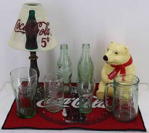 Assorted Coke Bottles, Glasses, Candle Holder, Bank