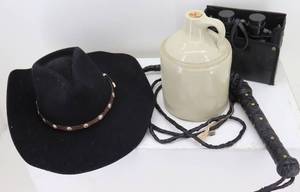 Cowboy Hat, Bull Whip & Jug
