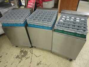 lot 213 image: STAINLESS STEEL MOBILE TRAY DISPENSERS, WITH TRAYS, COFFEE CUPS, JUICE GLASSES