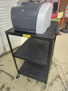 lot 416 image: ROLLING AV UTILITY CART WITH TWO-OUTLET POWER SOURCE, HP COLOR LASERJET PRINTER