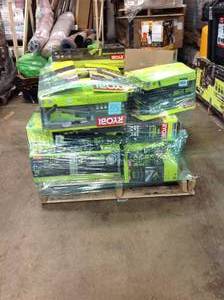 PALLET OF OUTDOOR RYOBI TOOLS SEE PICS CUSTOMER RETURNS MIXED LOT VARIOUS CONDITIONS