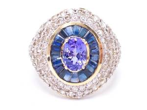 lot 9 image: Fabulous 3.85 Carat Custom Made Estate Ring Natural Blue & White Sapphire and Tanzanite in Yellow Gold - $5750