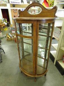 Lighted Antique Curio Cabinet with Curved Glass