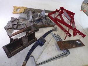 Lot of Tools, Roof Jacks, Hinges, Pic Axe head and More