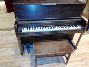 lot 212 image: Everett Piano and Bench with piano moving dolly.