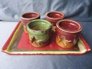 lot 44 image: Pottery Tray & Candle Holders