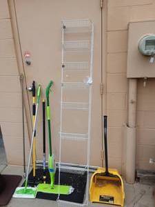 Bathroom ShelfOrganizer,Caddy, Several Swiffers & Dust Pan With Handle