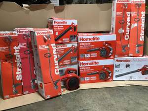 lot 6 image: Pallet of assorted Gas  Homelite outdoor tools various conditions and models customer returns review pictures