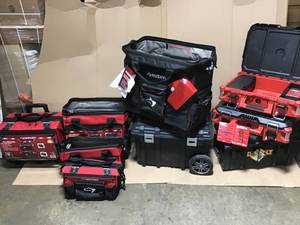 lot 7 image: Assorted Branded Tool totescarriers mostly in like new condition review pictures Milwaukee Dewalt Husky