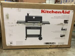 lot 10 image: Kitchen Aid Cart-Style Charcoal Grill in Black with Foldable Side Shelves not used customer return