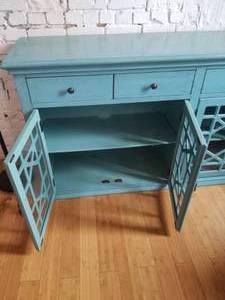 lot 5 image: Ornate Blue Fretwork Credenza Cabinet