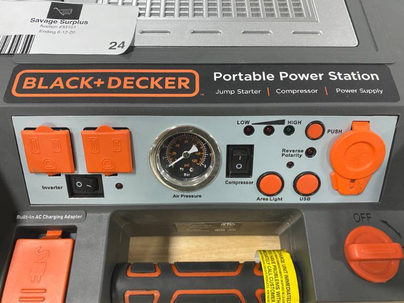 Black & Decker Portable Power Station & Jump Starter, Savage Surplus #42 -  Flooring, Grills, Fire Pits, Yard Equipment, Mowers, Dog House, Faucets,  Tools, MORE!