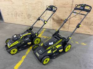 lot 63 image: Lot of two 20 RYOBI 40V battery powered push-mowers - not working