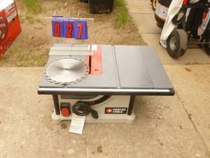 Porter Cable 10 Bench Table Saw. Tested & works. Needs power cord. Has minor damage to base. No fence or miter included. As shown.
