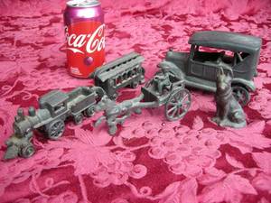 lot 47 image: Cast Iron Tram, Car, Dog, Buggy