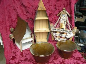 lot 96 image: Wooden Cabin Decor - Pots - BirdhouseFeeder